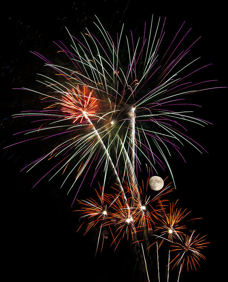 Looks Like Flowers - Fireworks and Moon Photograph by Penny Lisowski