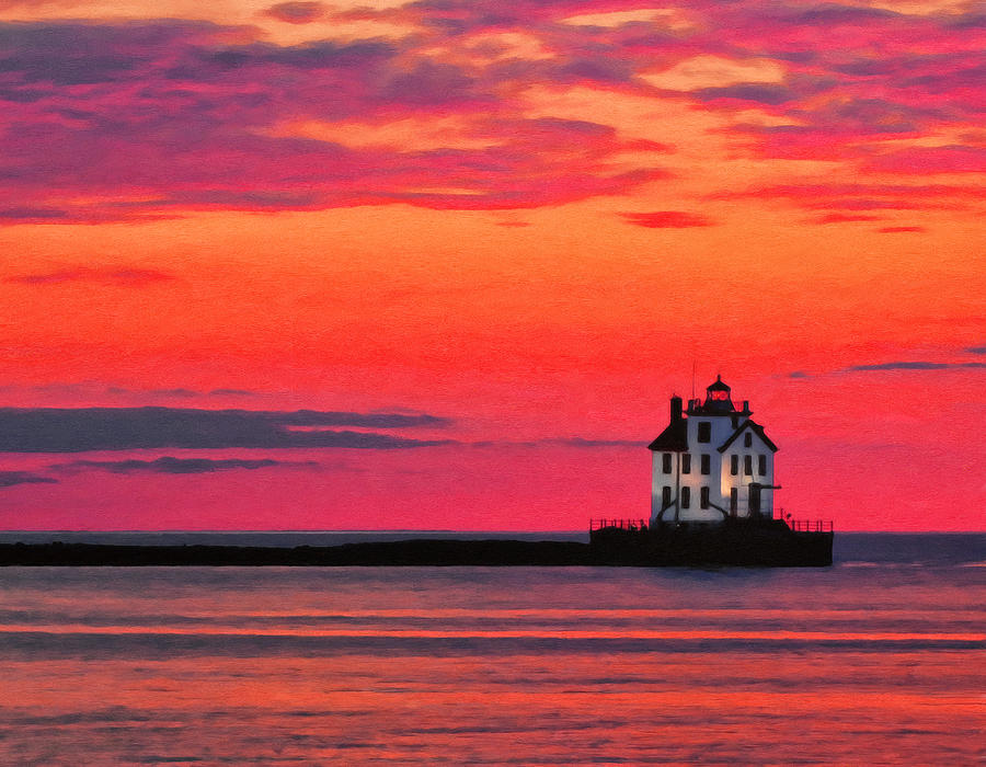 Sunset Painting - Lorain Lighthouse at Sunset by Michael Pickett
