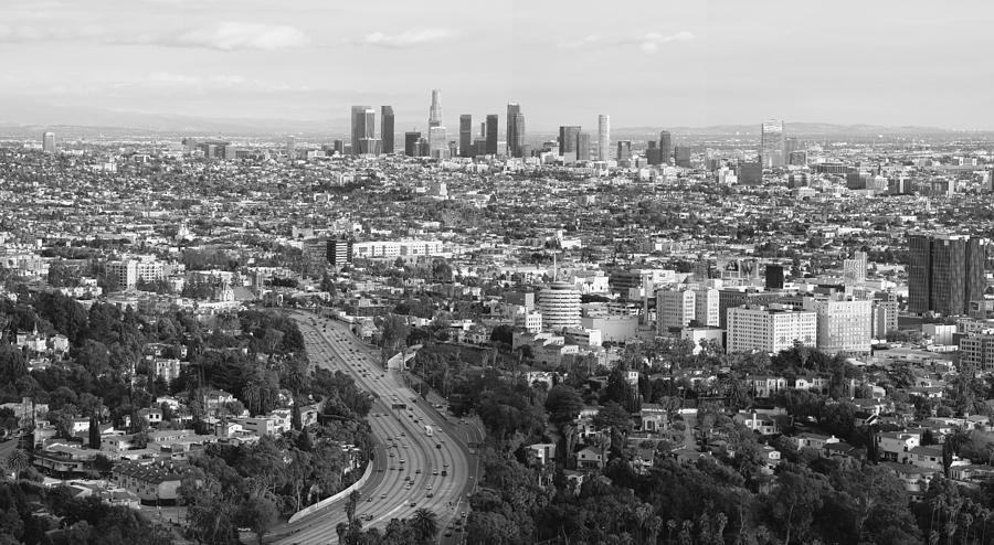 Los Angeles Skyline and Los Angeles Basin Panorama Monochrome Black and white Photograph by Ram Vasudev