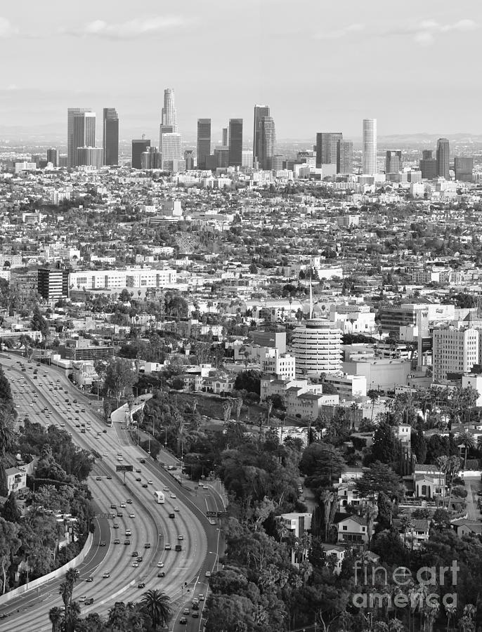 Los Angeles Basin and Los Angeles Skyline Black and white Monochrome Photograph by Ram Vasudev