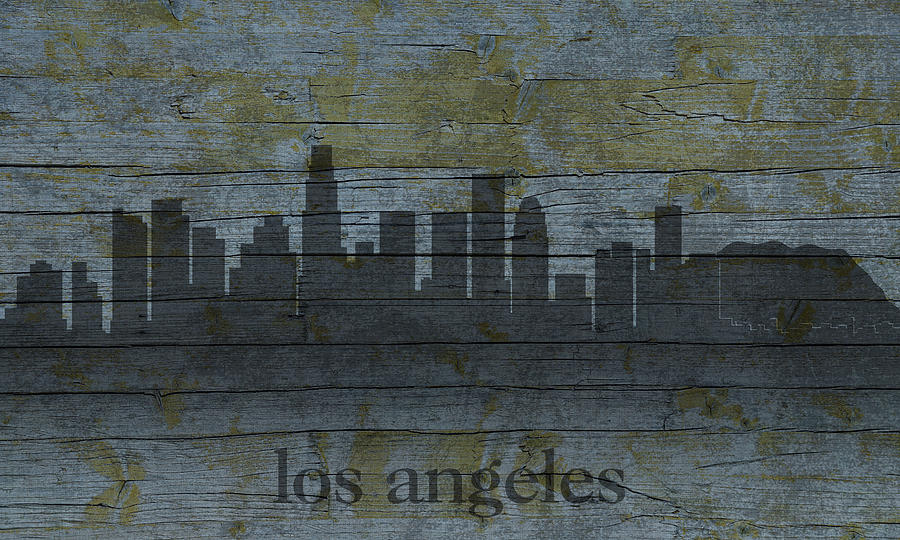 City Mixed Media - Los Angeles California City Skyline Silhouette Distressed on Worn Peeling Wood by Design Turnpike