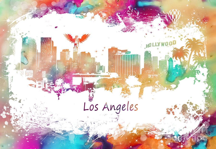 Los Angeles Digital Art - Los Angeles California Skyline colored by Justyna Jaszke JBJart Los Angeles Digital Art - Los Angeles California Skyline colored by Justyna Jaszke JBJart