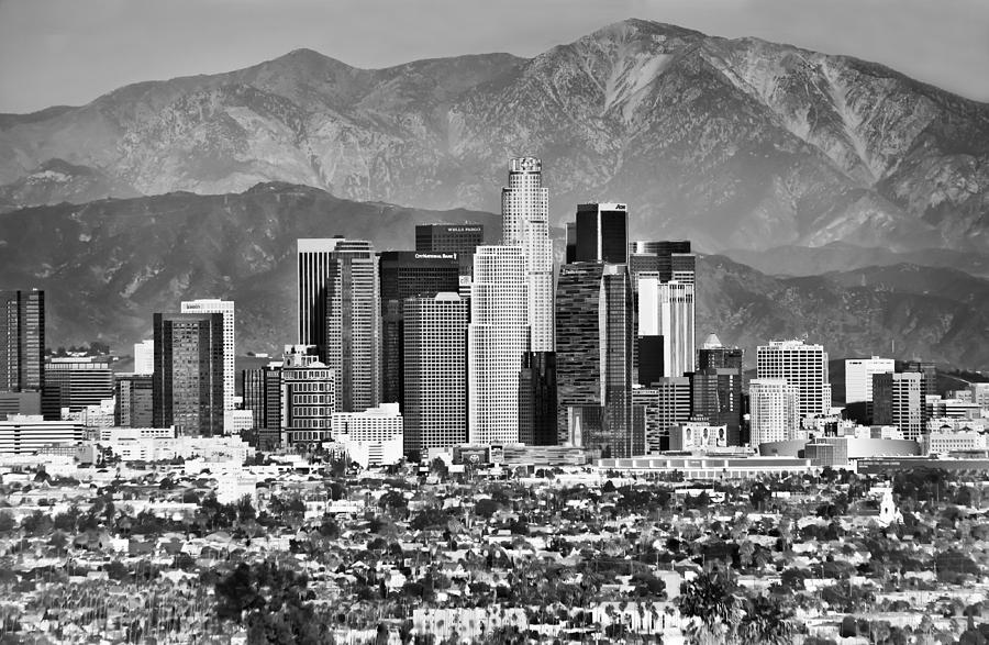 City Of Angels Photograph - Los Angeles California Skyline - Black and White by Gregory Ballos
