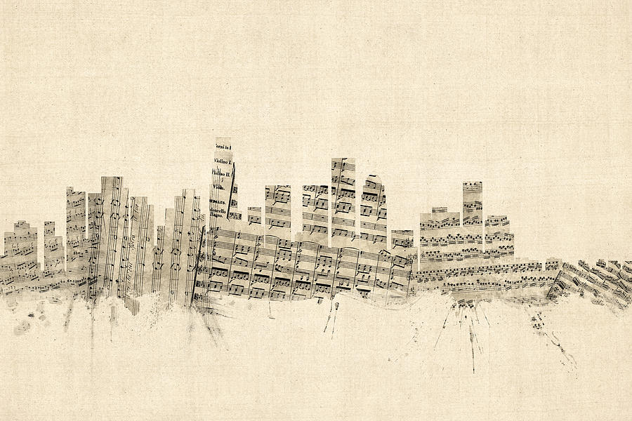 Los Angeles Digital Art - Los Angeles California Skyline Sheet Music Cityscape by Michael Tompsett