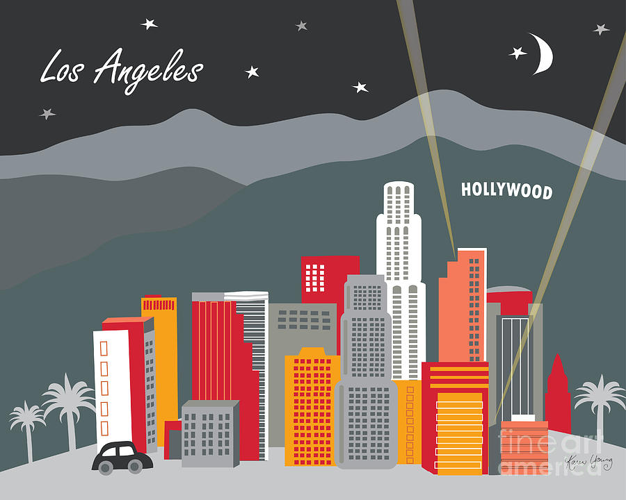 Los Angeles Digital Art - Los Angeles California Horizontal Skyline - Hollywood Hills - Night by Karen Young