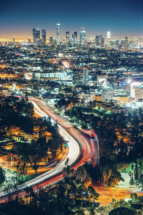Los Angeles Skyline At Night Photograph by Ferrantraite