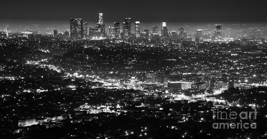 Los Angeles Skyline at Night Monochrome Photograph by Bob Christopher