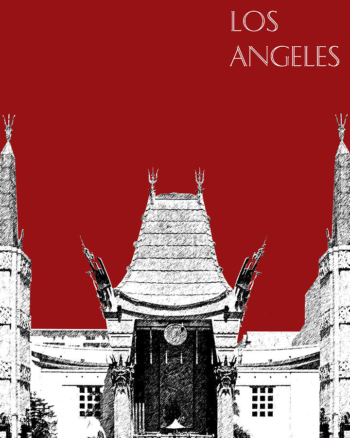 Architecture Digital Art - Los Angeles Skyline Graumans Chinese Theater - Dark Red by DB Artist