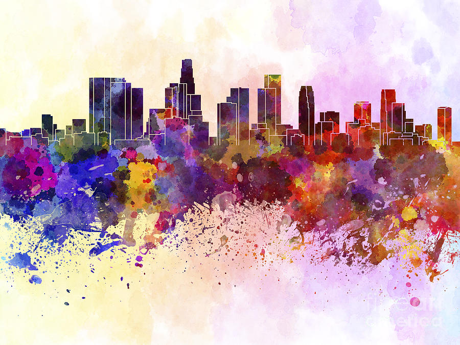 Los Angeles skyline in watercolor background Digital Art by Pablo Romero