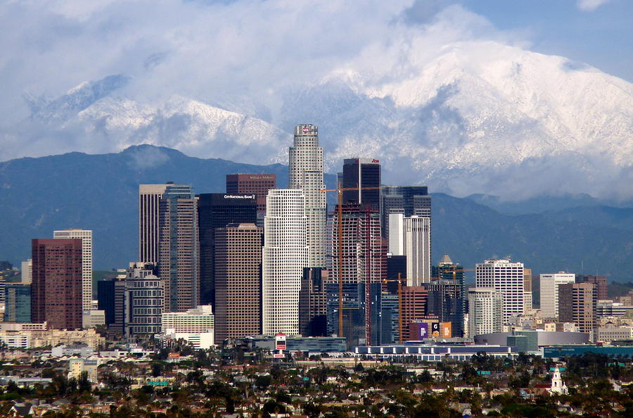 Los Angeles Skyline With Snowy Mountains Photograph by Jeff Lowe