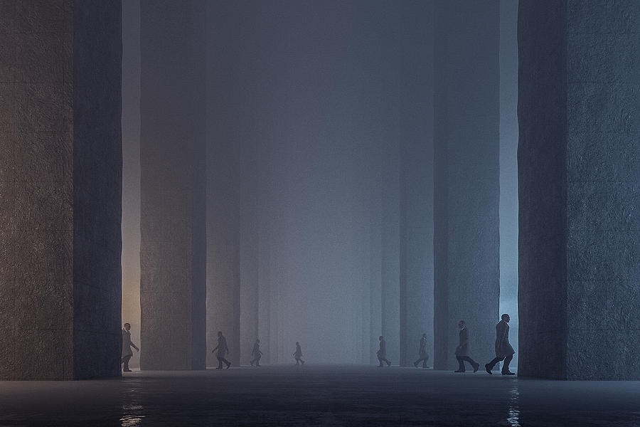 Lost men walking in dark foggy futuristic streets Photograph by Gremlin