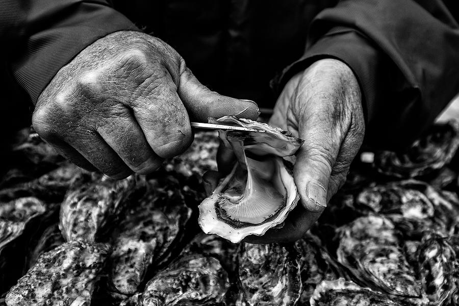 Black And White Photograph - Lostreiculteur  Oyster Farmer by Manu Allicot