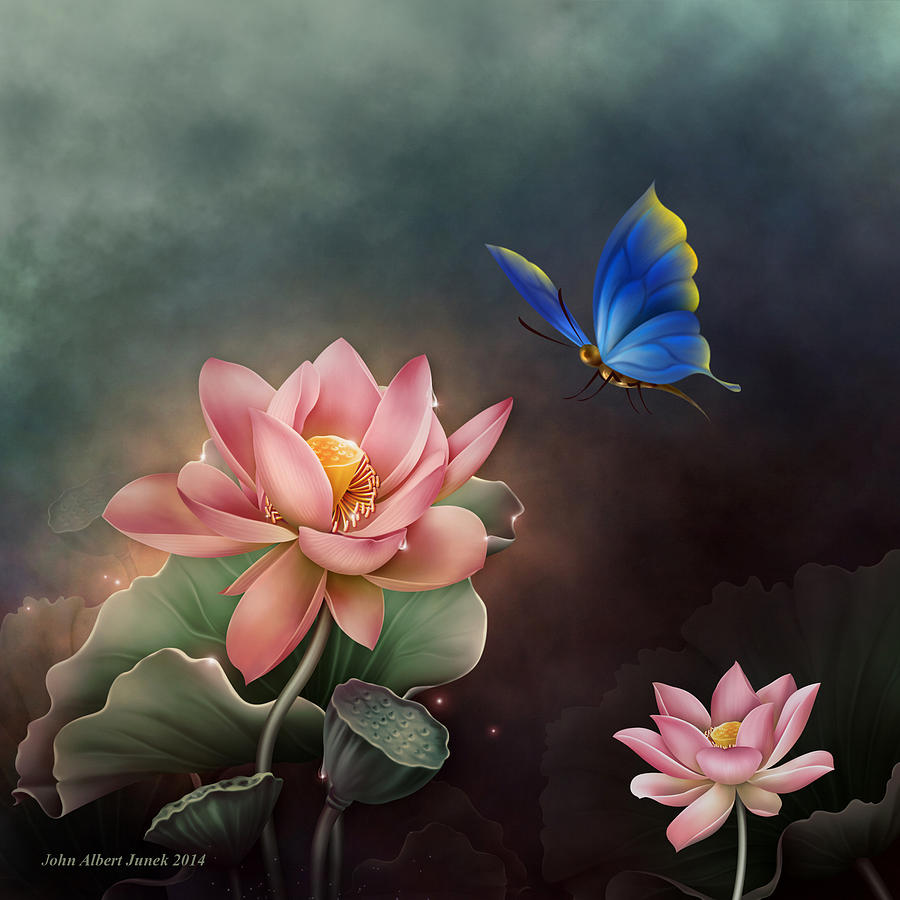 Lotus Flower and blue butterfly Digital Art by John Junek