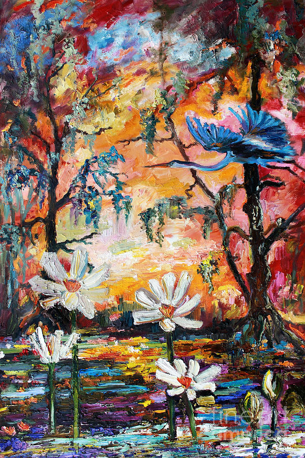 Lotus Flowers and Heron Sunset Painting by Ginette Callaway