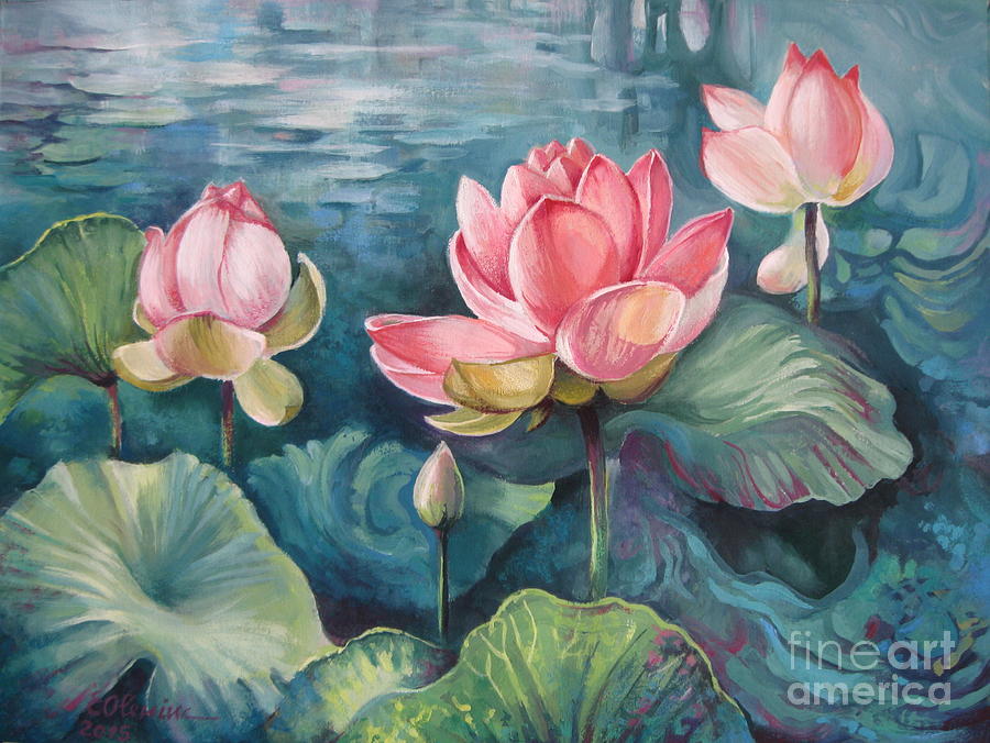 Lotus pond Painting by Elena Oleniuc