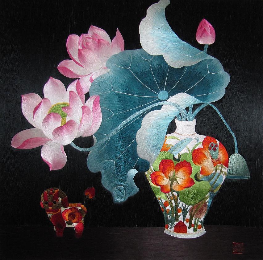 Lotus Tapestry - Textile - Lotus hand embroidery art painting by Xue Linfen