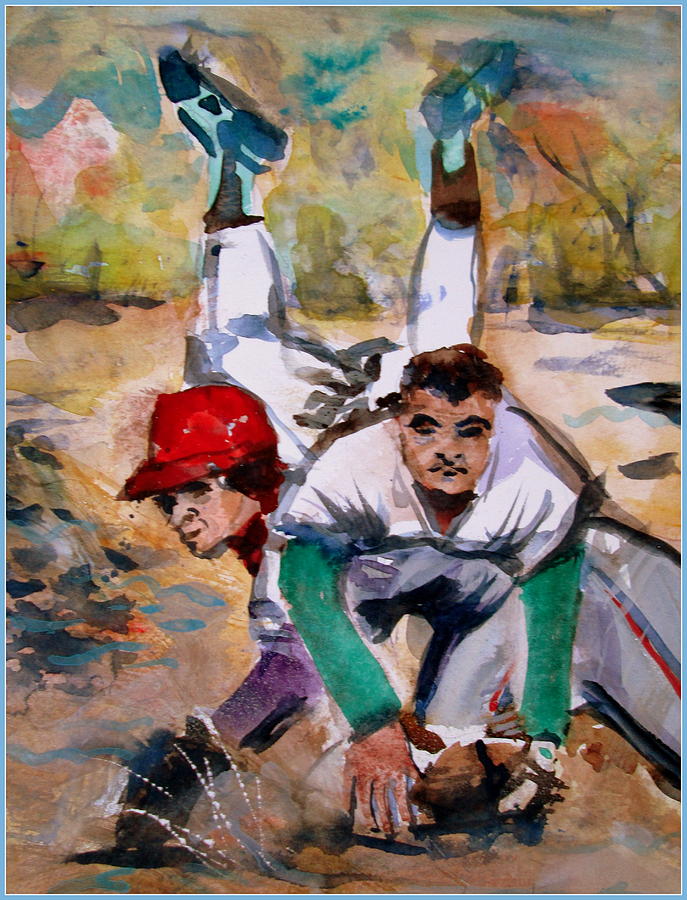 Baseball Painting - Lou Whitaker and Cal Ripken in Double Play by Mindy Newman
