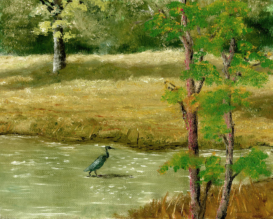Louisiana Pond with Heron Painting by Lenora  De Lude