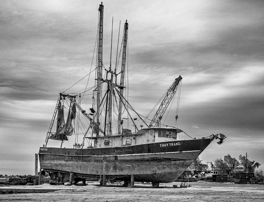 Black And White Photograph - Louisiana Shrimp Boat bw by Steve Harrington