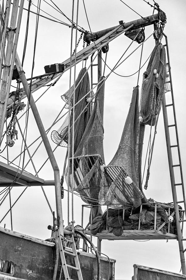 Louisiana Shrimp Boat Nets Bw Photograph