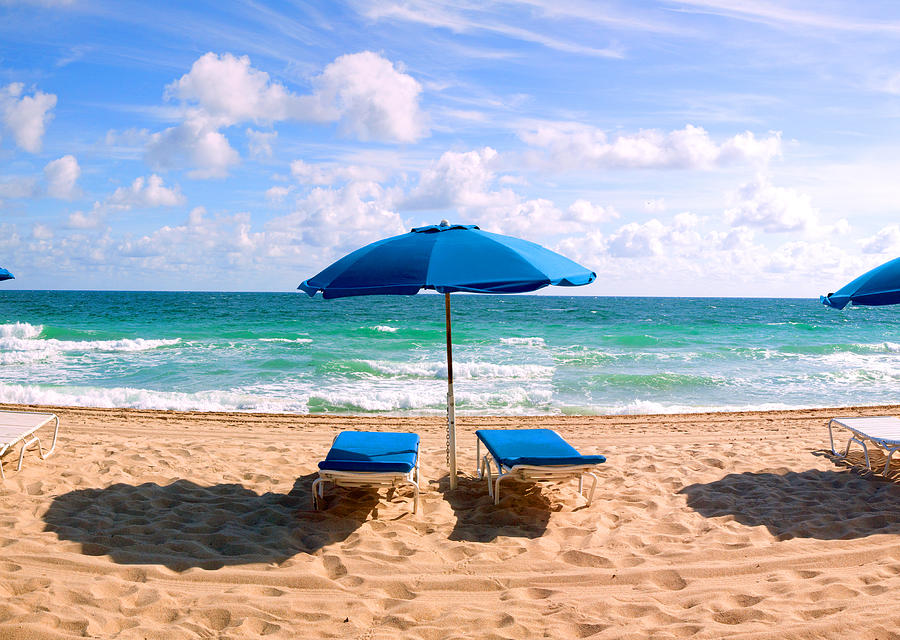 Nature Photograph - Lounge Chairs And Beach Umbrella by Panoramic Images