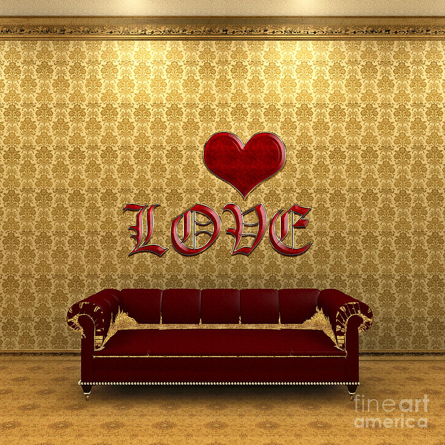 Love and Deep Red Sofa in a Gold Victorian Room Digital Art by Beverly Claire Kaiya