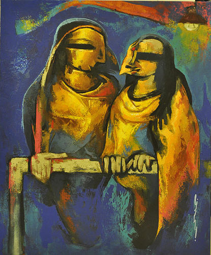 Pair Painting - Love Birds by Jishu Nag