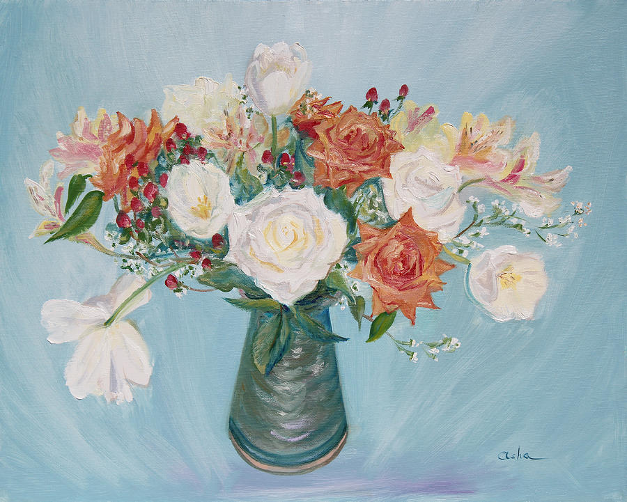 Love Bouquet in White and Orange Painting by Asha Carolyn Young