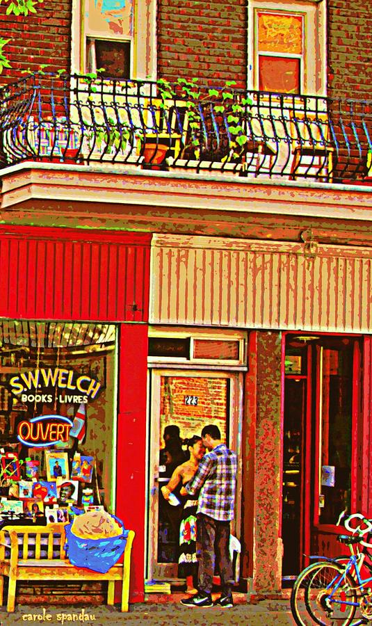 Book Painting - Love In Bloom At The Book Shop Under The Balcony Sw Welch Livres Art Of Montreal Street Scene by Carole Spandau