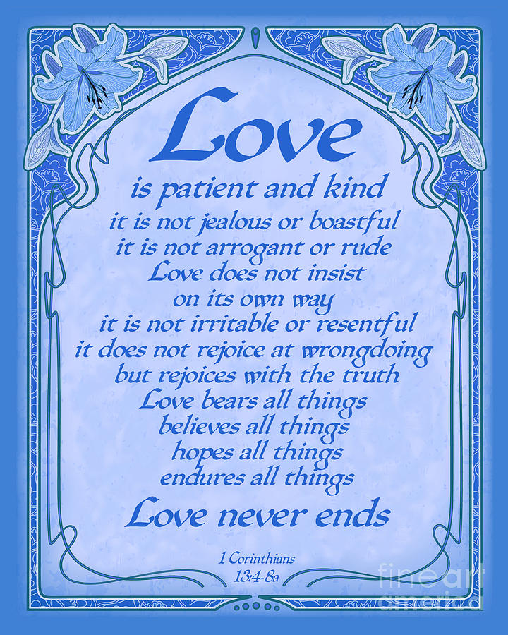 Love Is Patient - Blue Art Nouveau Style Digital Art