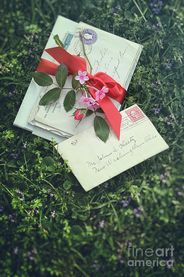 Love letters with red satin ribbon in the grass Photograph by Sandra Cunningham