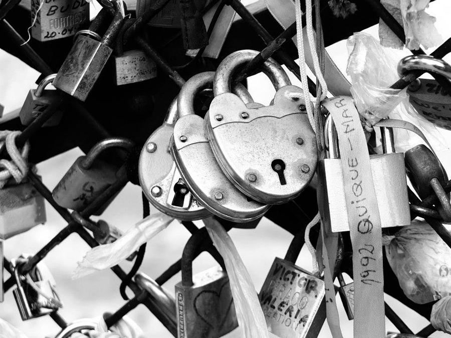 Black And White Photograph - Love Locks by Stephanie LeVeque
