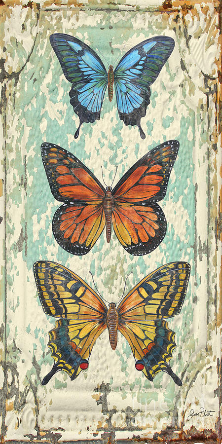 Lovely Butterfly Trio on Tin Tile Painting by Jean Plout