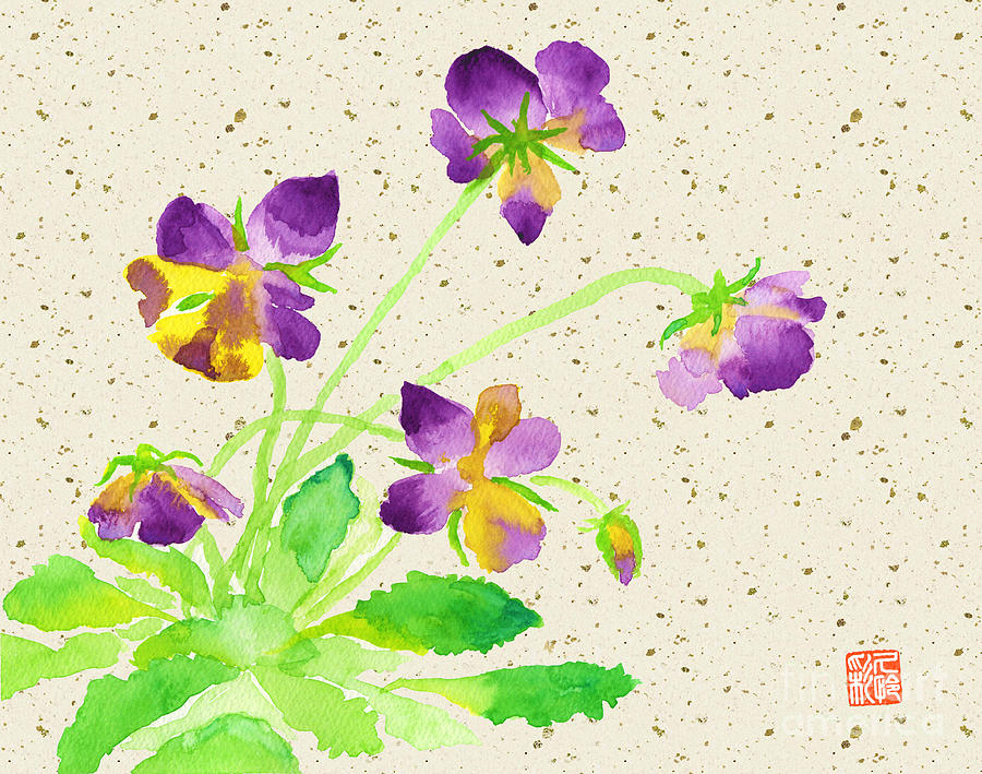 Lovely Pansies in Purple and Yellow with Beige Washi Background Painting by Beverly Claire Kaiya