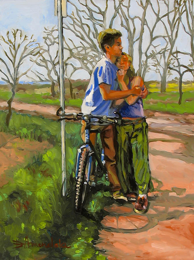 Lovers leaning against a bicycle Painting by Dominique Amendola