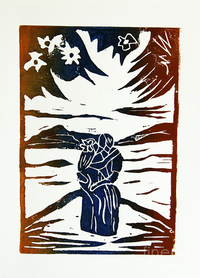 Lino Cut Drawing - Lovers - Lino Cut a la Gauguin by Christiane Schulze Art And Photography