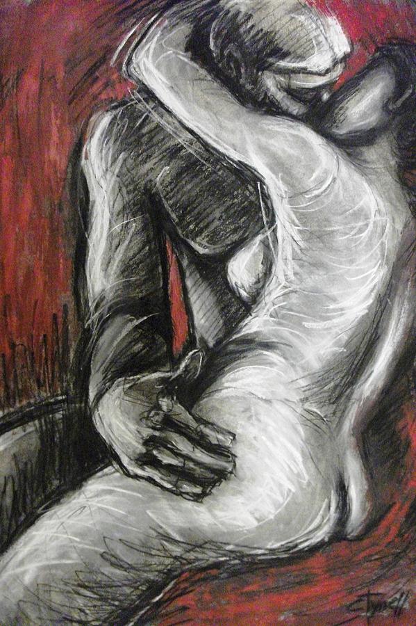 Charcoal Painting - Lovers - The Kiss1-Rodin by Carmen Tyrrell