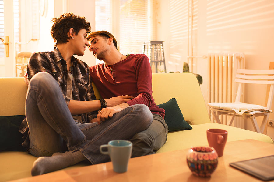 Loving gay couple about to kiss in the living room. Photograph by BraunS