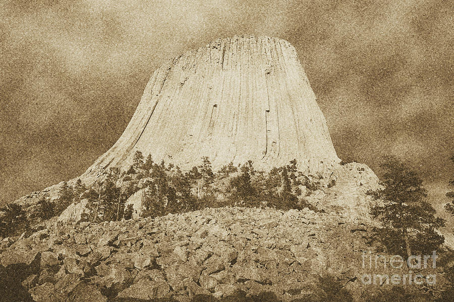 Low Angle Devils Tower National Monument Wyoming USA Vintage Photograph by Shawn OBrien