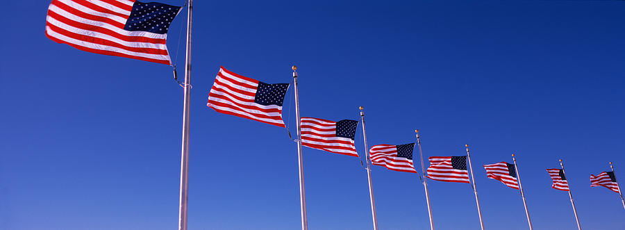 Washington Monument Photograph - Low Angle View Of American Flags by Panoramic Images