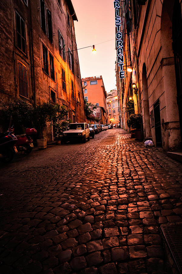 Low Key Image Of Typical Rome Street At Photograph by Apomares