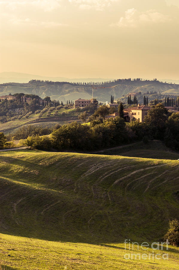 Low Sun Across Tuscan Hill With Houses Photograph by Peter Noyce