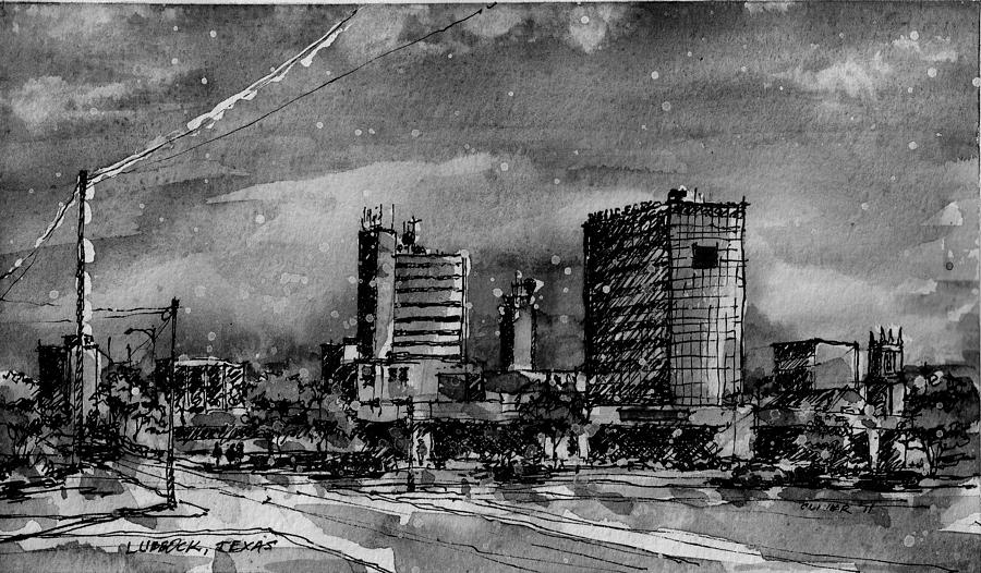 Lubbock Texas Skyline BW Painting by Tim Oliver