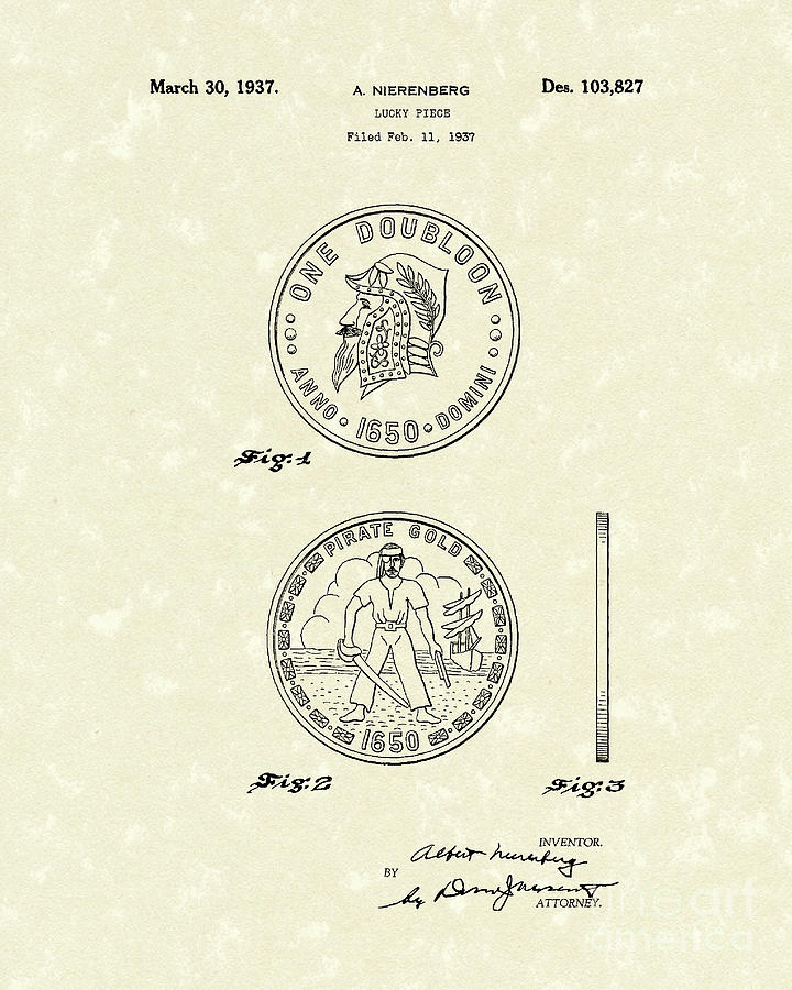 Lucky Piece 1937 Patent Art Drawing by Prior Art Design