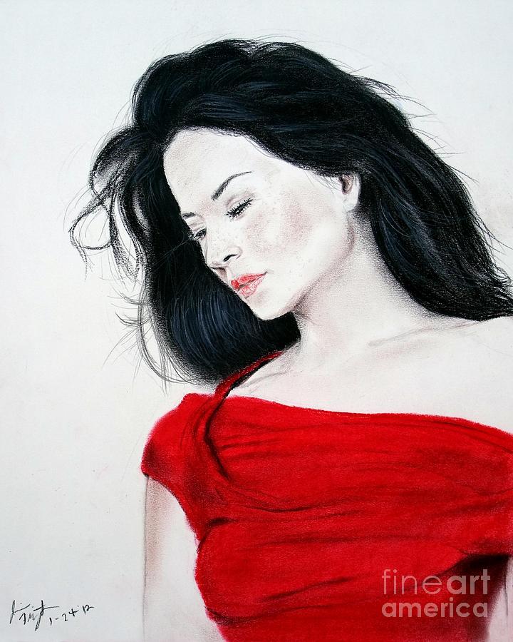 Charcoal Mixed Media - Lucy Liu the Lady in Red by Jim Fitzpatrick