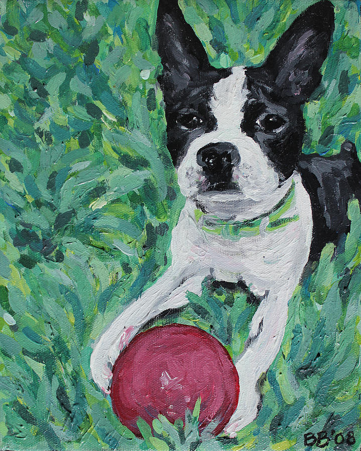 Boston Terrier Painting - Lucy with Ball in Grass by Bridget Brummel