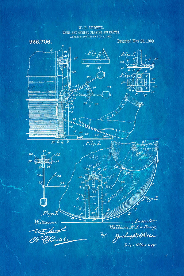 Music Photograph - Ludwig Drum and Cymbal Apparatus Patent Art 1909 Blueprint by Ian Monk