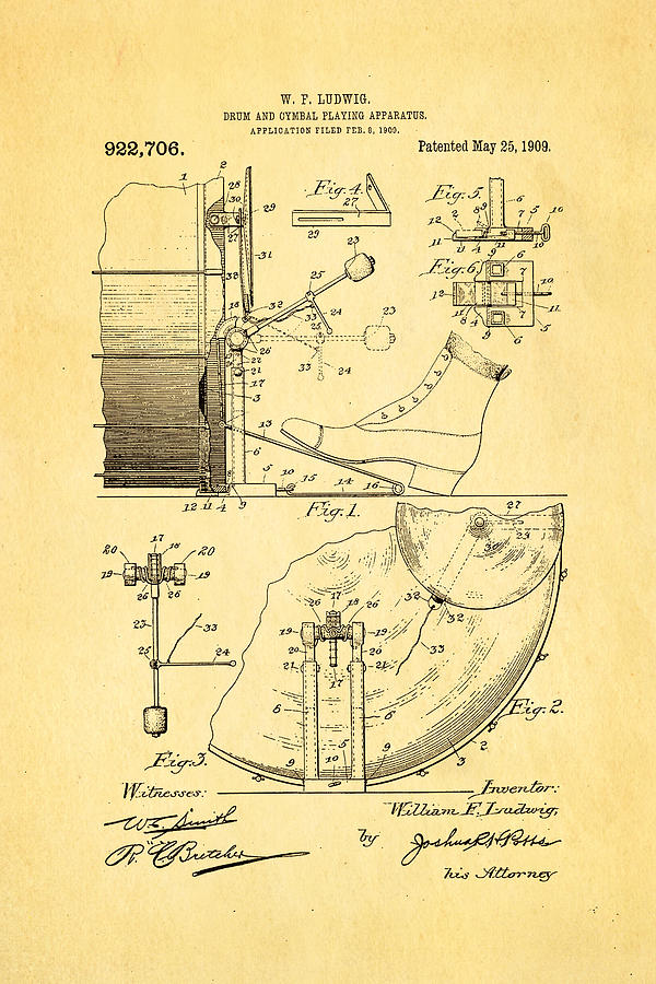 Music Photograph - Ludwig Drum and Cymbal Apparatus Patent Art 1909 by Ian Monk