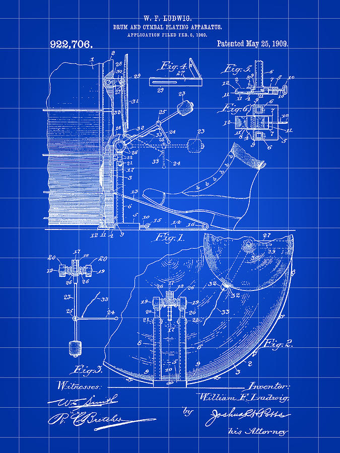Ludwig Drum and Cymbal Foot Pedal Patent 1909 - Blue Digital Art by Stephen Younts