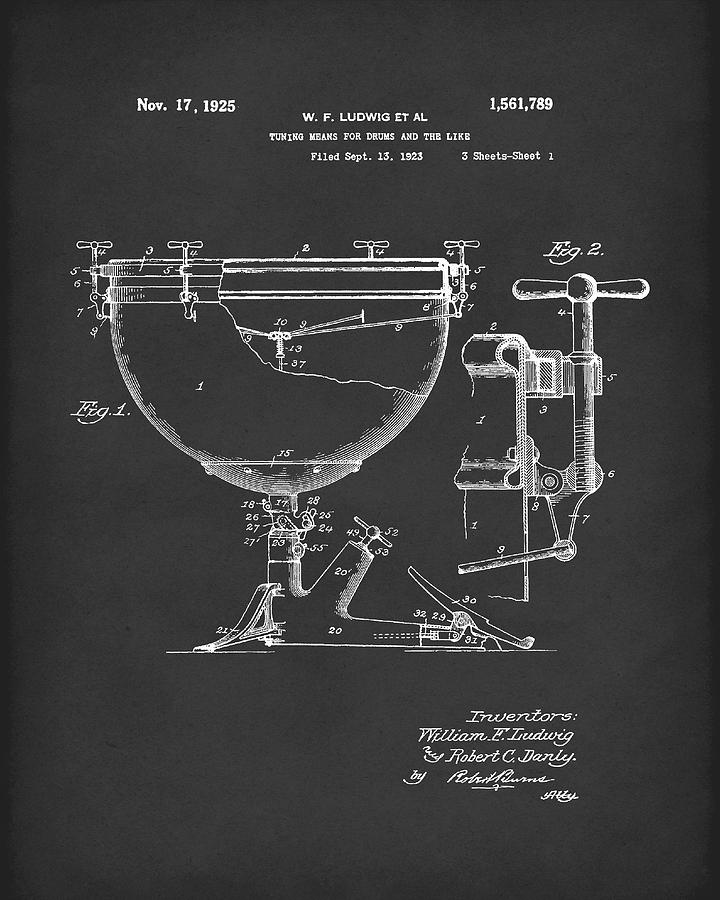 Ludwig Drums 1925 Patent Art Black Drawing by Prior Art Design